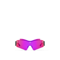LV Mirror Mask sunglasses with a sculptural pink mirrored lens, black rubber-finish temples, and gold-toned Louis Vuitton Monogram accents.