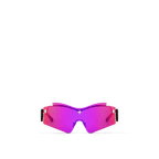 LV Mirror Mask sunglasses with a sculptural pink mirrored lens, black rubber-finish temples, and gold-toned Louis Vuitton Monogram accents.