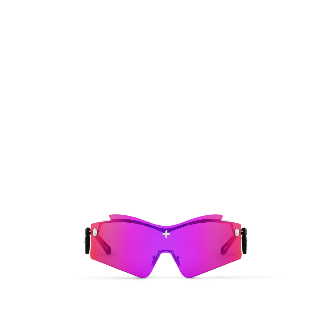 LV Mirror Mask sunglasses with a sculptural pink mirrored lens, black rubber-finish temples, and gold-toned Louis Vuitton Monogram accents.