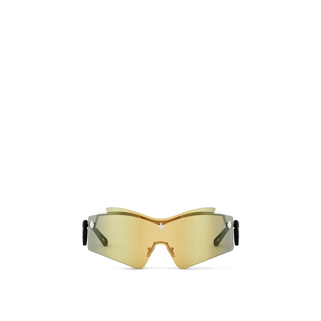 LV Mirror Mask sunglasses with a sculptural gold mirror-finish lens, black rubber-finish temples, and gold-toned Louis Vuitton Monogram accents.