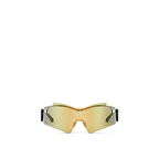 LV Mirror Mask sunglasses with a sculptural gold mirror-finish lens, black rubber-finish temples, and gold-toned Louis Vuitton Monogram accents.
