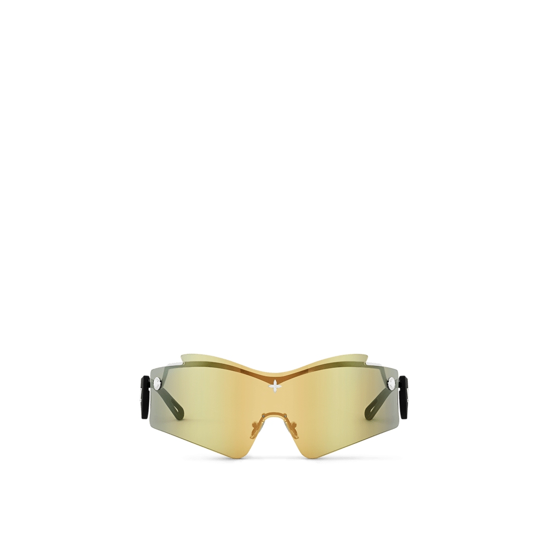 LV Mirror Mask sunglasses with a sculptural gold mirror-finish lens, black rubber-finish temples, and gold-toned Louis Vuitton Monogram accents.