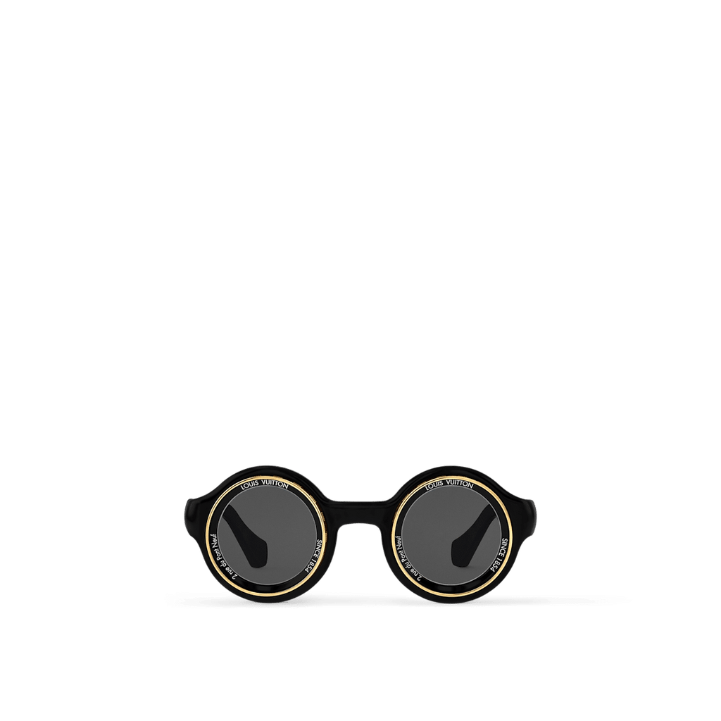 LV Super Vision Round sunglasses with a black acetate frame, gold-toned metal rims engraved with the Damier motif, and signature Louis Vuitton branding.
