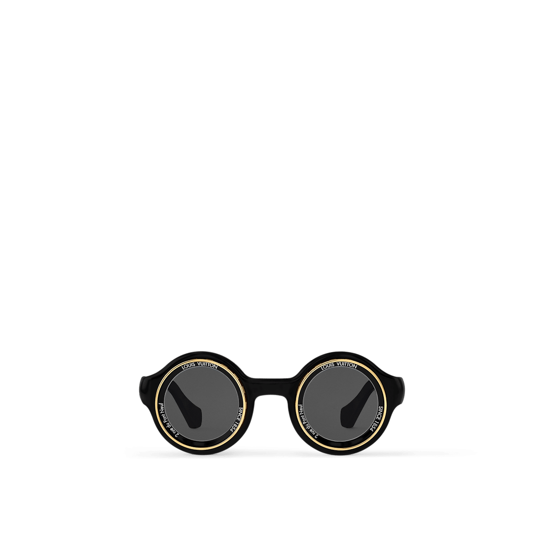 LV Super Vision Round sunglasses with a black acetate frame, gold-toned metal rims engraved with the Damier motif, and signature Louis Vuitton branding.