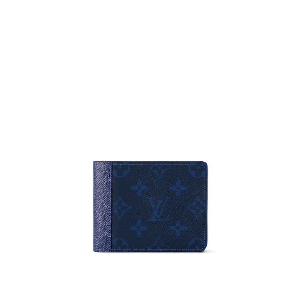 The Louis Vuitton Multiple Wallet in Navy Blue features Monogram Pacific coated canvas and Taiga leather, silver-tone hardware, and a well-organized interior with slots for cards, receipts, and bills.