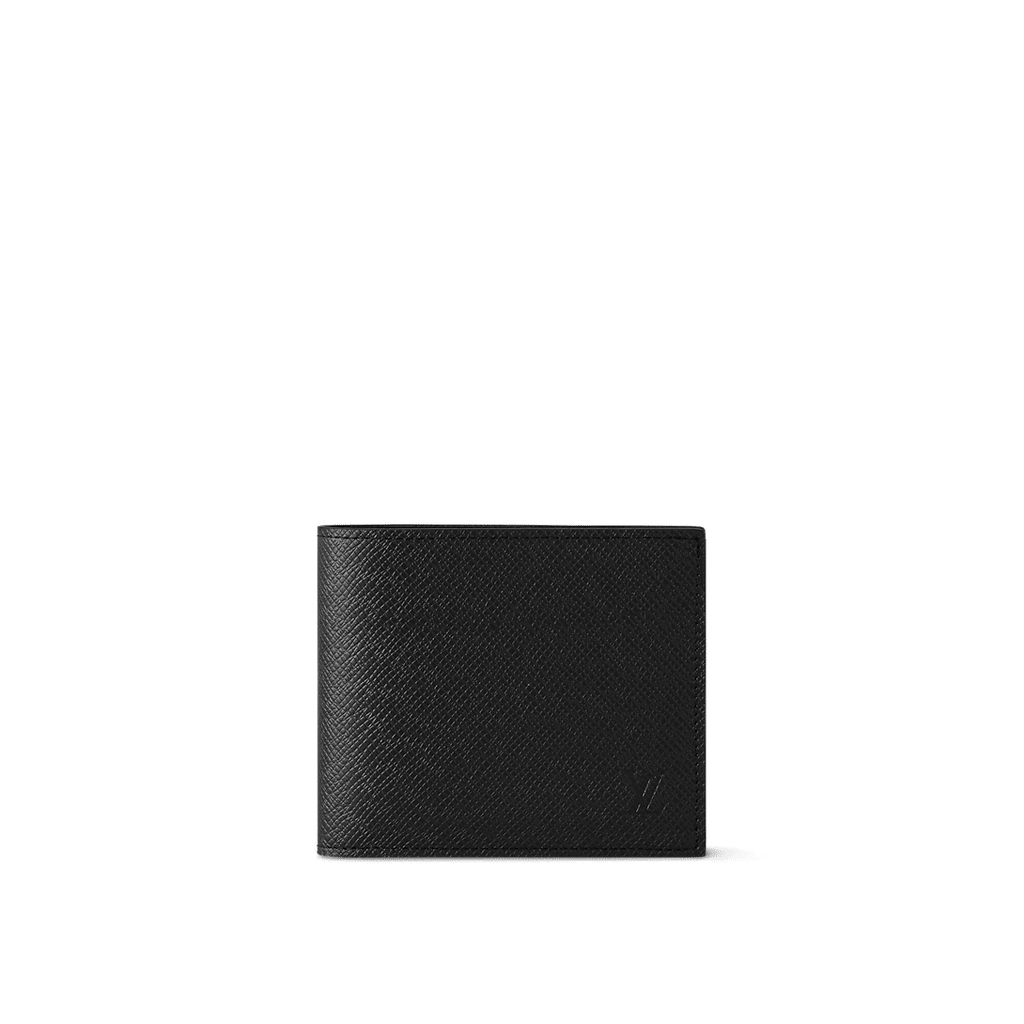 Louis Vuitton Marco Wallet in Black Taiga leather with four card slots, two bill compartments, and a coin pocket.
