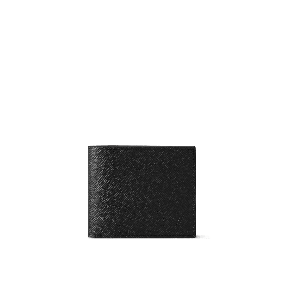 Louis Vuitton Marco Wallet in Black Taiga leather with four card slots, two bill compartments, and a coin pocket.