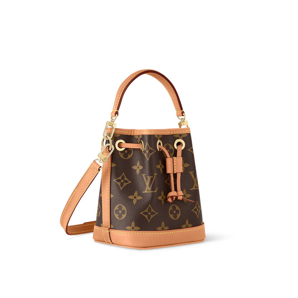 Mini Nano Noé bag in Monogram canvas with cowhide leather trim, drawstring closure, and removable strap for versatile wear.