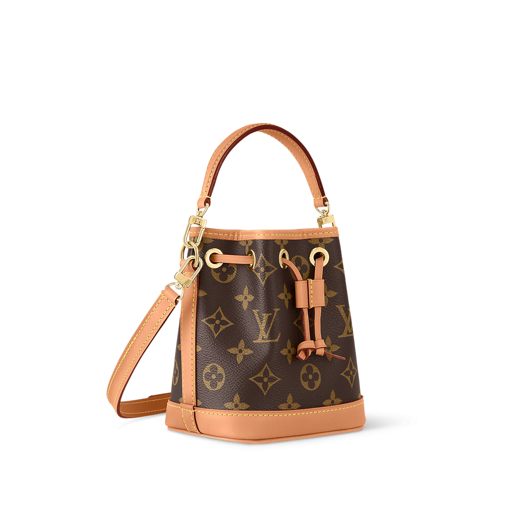 Mini Nano Noé bag in Monogram canvas with cowhide leather trim, drawstring closure, and removable strap for versatile wear.