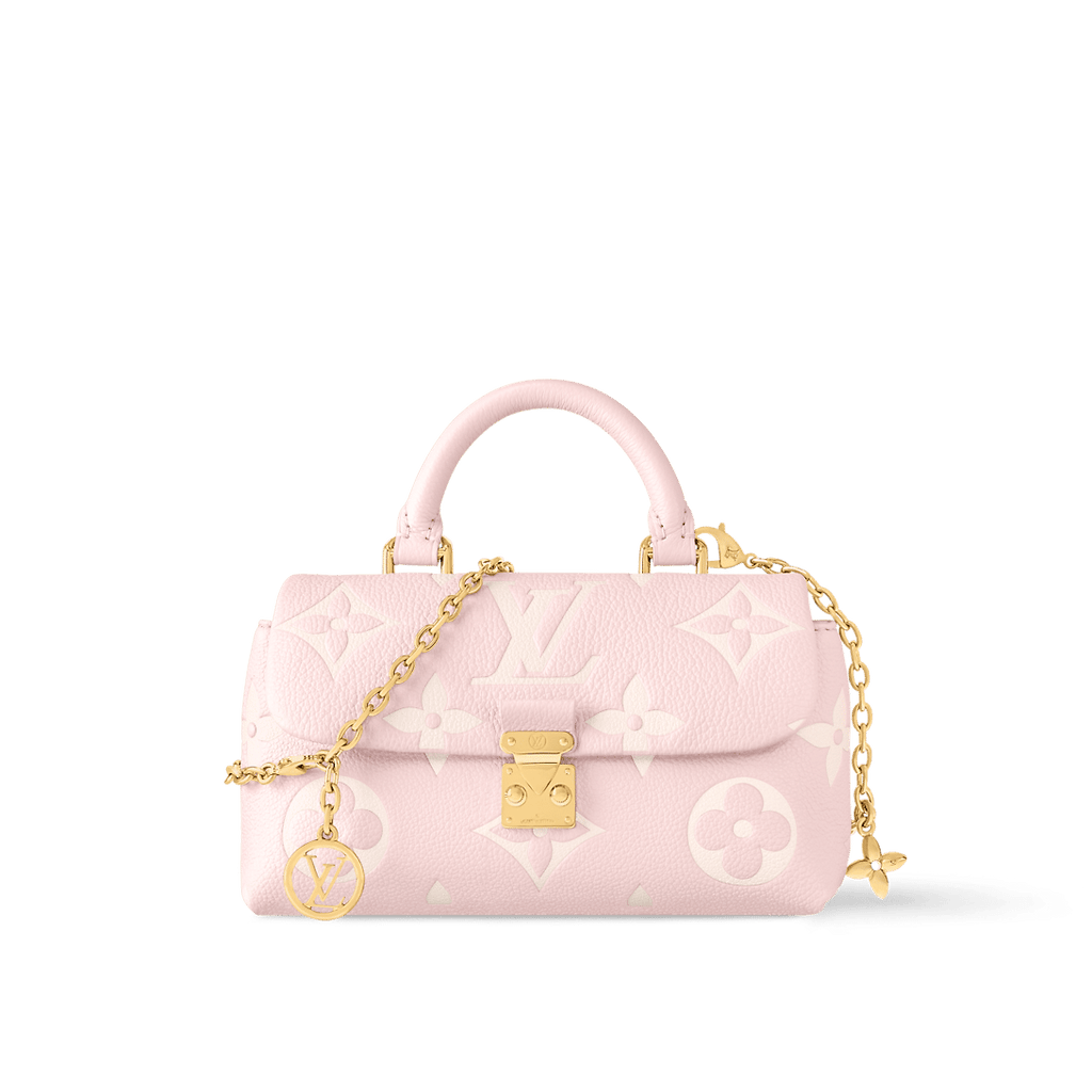 Nano Madeleine bag in bicolor Monogram Empreinte leather with gold-tone S-Lock closure and removable chain.
