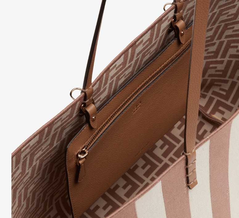 Reversible shopper in Pequin striped and beige FF fabric