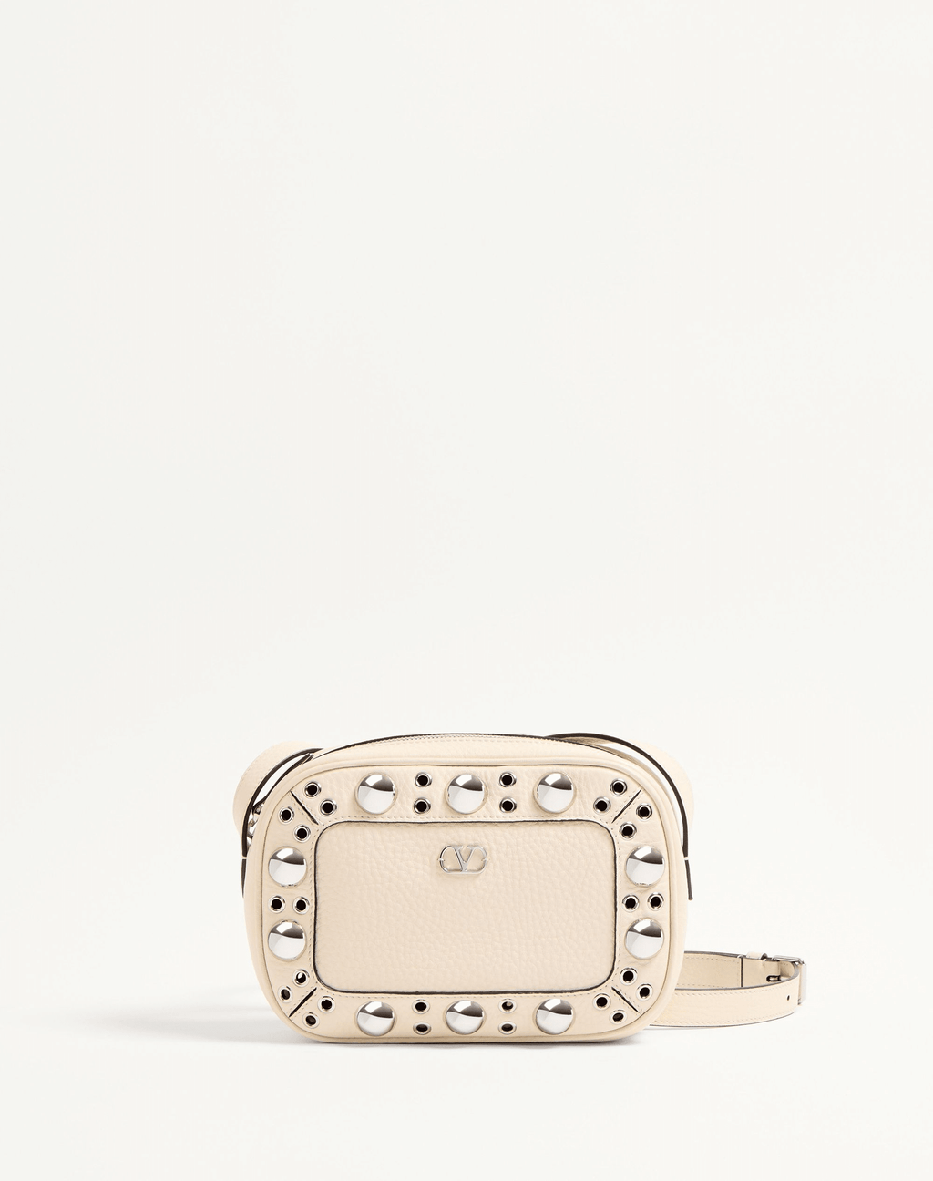 A Valentino Garavani Nellcôte chain shoulder bag in grainy calfskin leather, adorned with ball studs and rivets. Features a VLogo Signature metallic accent, palladium-finish hardware, zipper closure, and an adjustable leather strap for shoulder or cross-body wear. The suede-lined interior includes a card pocket for storage.