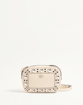 A Valentino Garavani Nellcôte chain shoulder bag in grainy calfskin leather, adorned with ball studs and rivets. Features a VLogo Signature metallic accent, palladium-finish hardware, zipper closure, and an adjustable leather strap for shoulder or cross-body wear. The suede-lined interior includes a card pocket for storage.