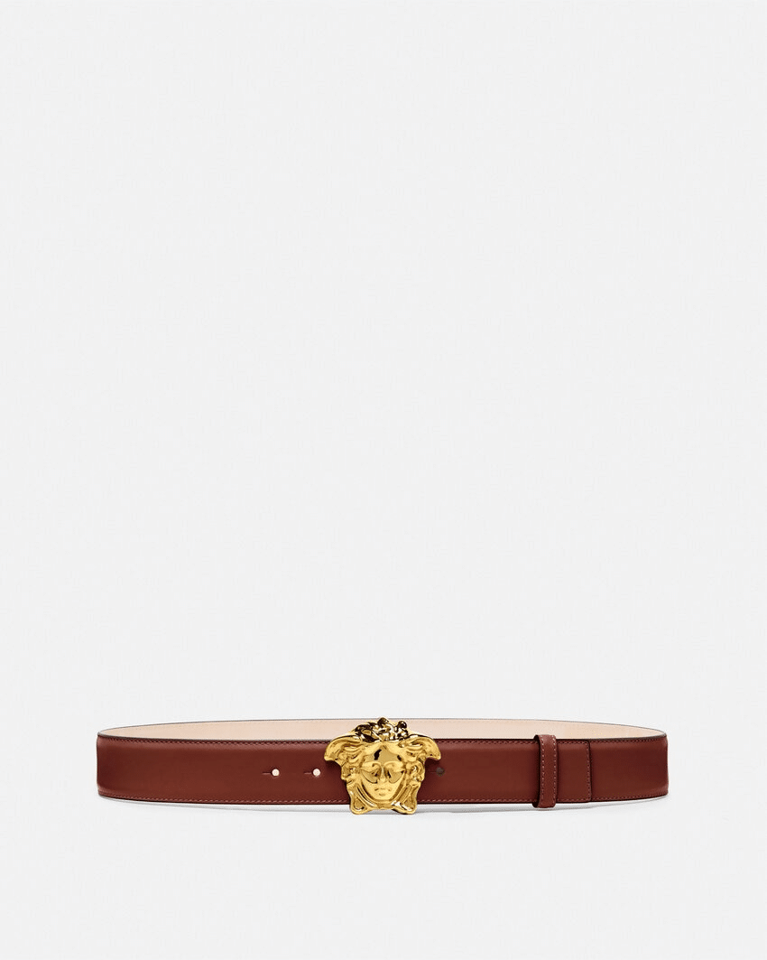 Versace leather belt with Medusa buckle and Greca embossing, crafted in Italy for a refined and luxurious look.