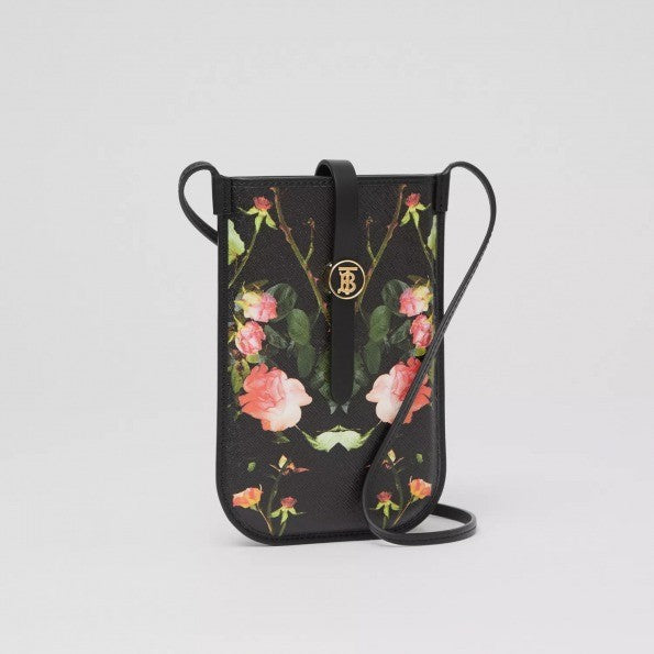 Burberry Rose Print E-canvas Phone Case with Strap