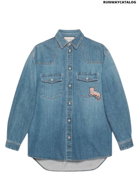 Gucci eco-washed cat-patch organic denim shirt