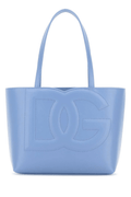 Light blue Dolce & Gabbana tote bag with embossed logo and decorative stitching.