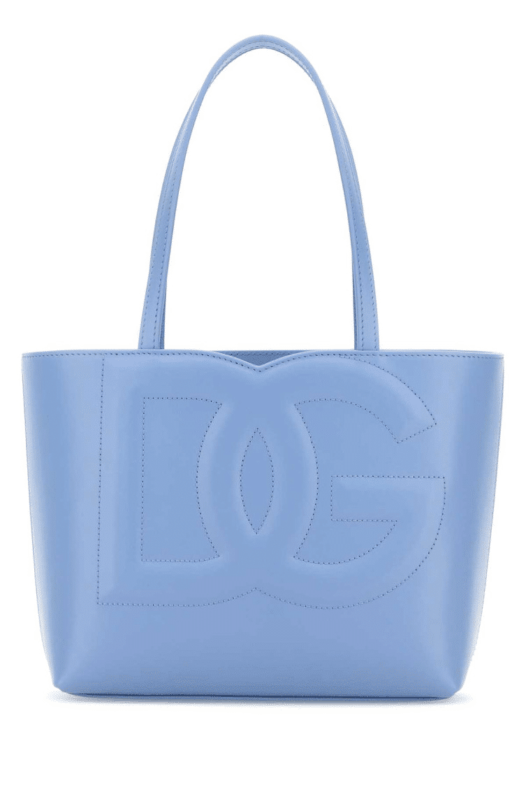 Light blue Dolce & Gabbana tote bag with embossed logo and decorative stitching.