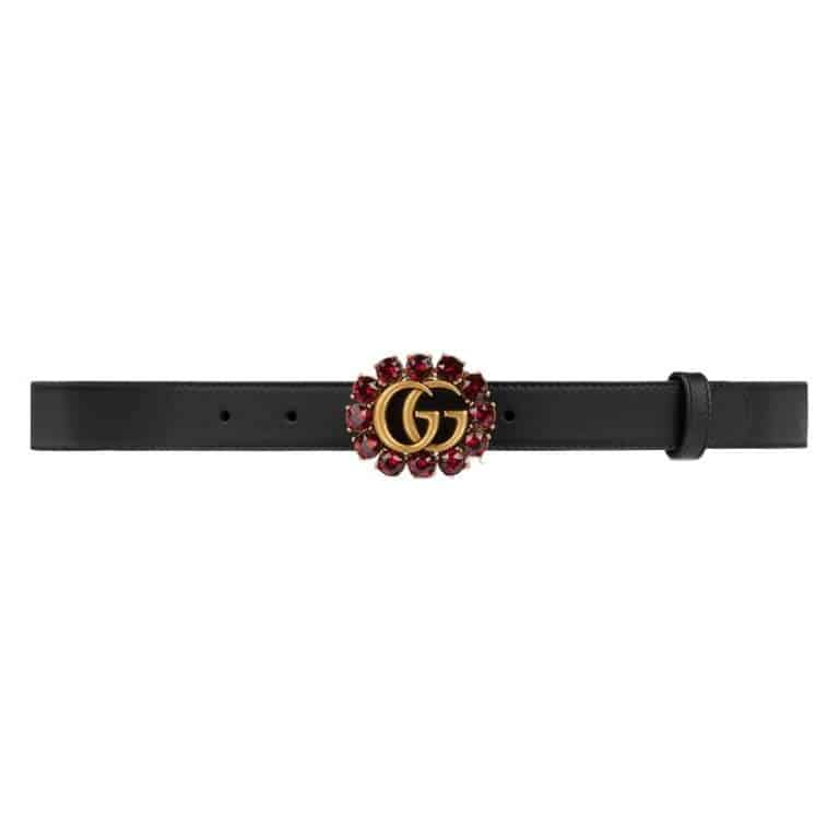 Gucci Leather belt with Double G and crystals