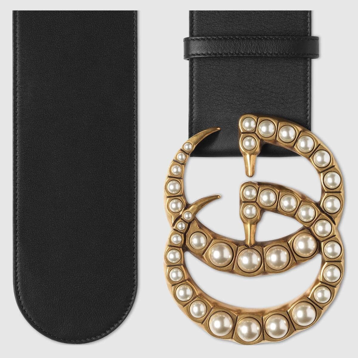 Gucci Wide leather belt with pearl Double G