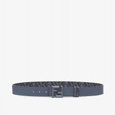 Fendi reversible belt in blue Cuoio Romano leather with FF rounded stud buckle and jeans blue-colored FF canvas interior, a sleek and stylish accessory for any wardrobe.