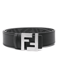 Fendi reversible belt in black Cuoio Romano leather with FF stud buckle and grey-black FF motif lining, a luxury statement piece for any wardrobe.