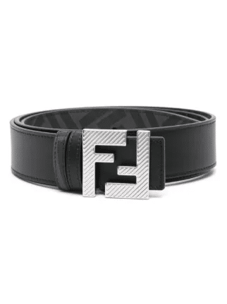 Fendi reversible belt in black Cuoio Romano leather with FF stud buckle and grey-black FF motif lining, a luxury statement piece for any wardrobe.