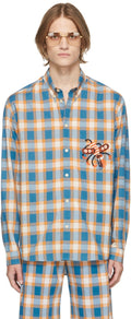 GUCCI Blue &amp; Orange Freya Hartas Edition Check Animal Embroidery Shir