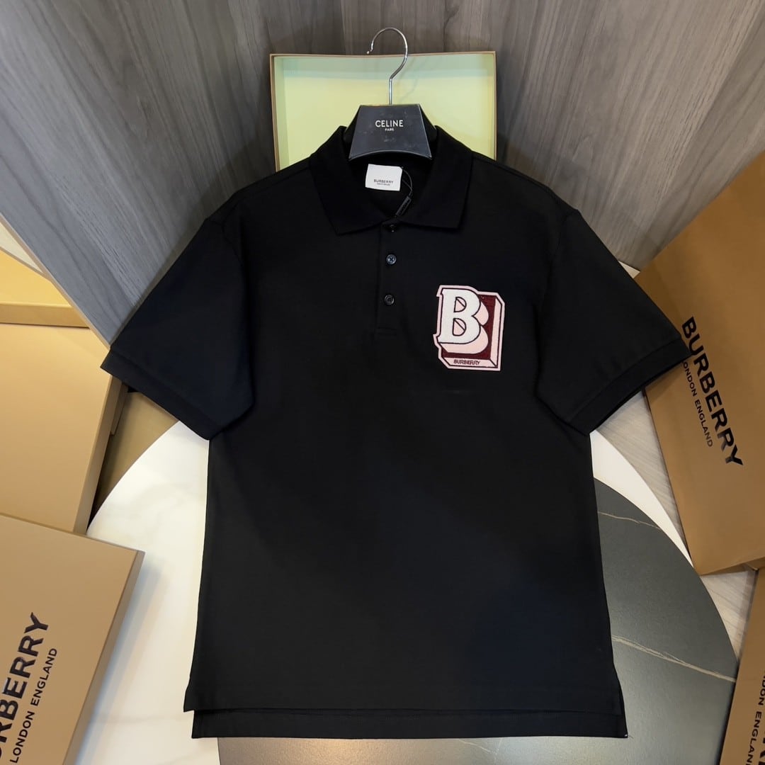 B letter pattern cotton polo shirt Black