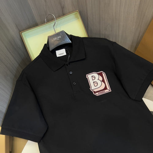 B letter pattern cotton polo shirt Black