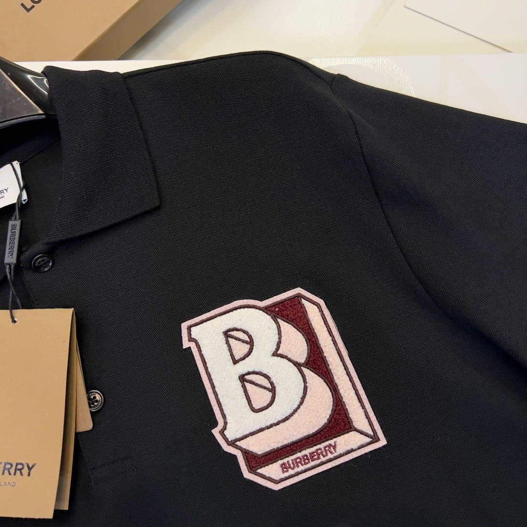 B letter pattern cotton polo shirt Black