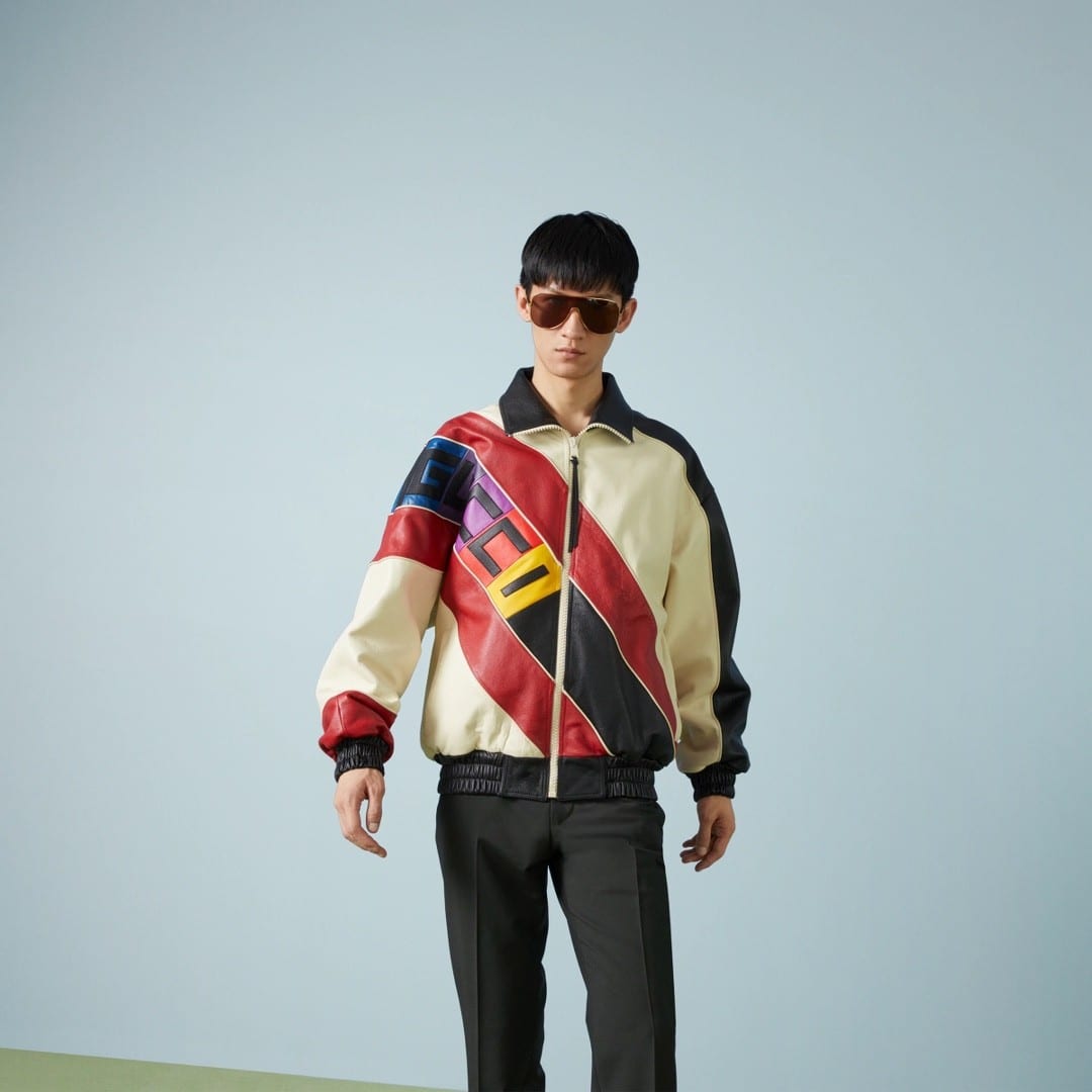 LEATHER BOMBER JACKET WITH GUCCI LETTERING