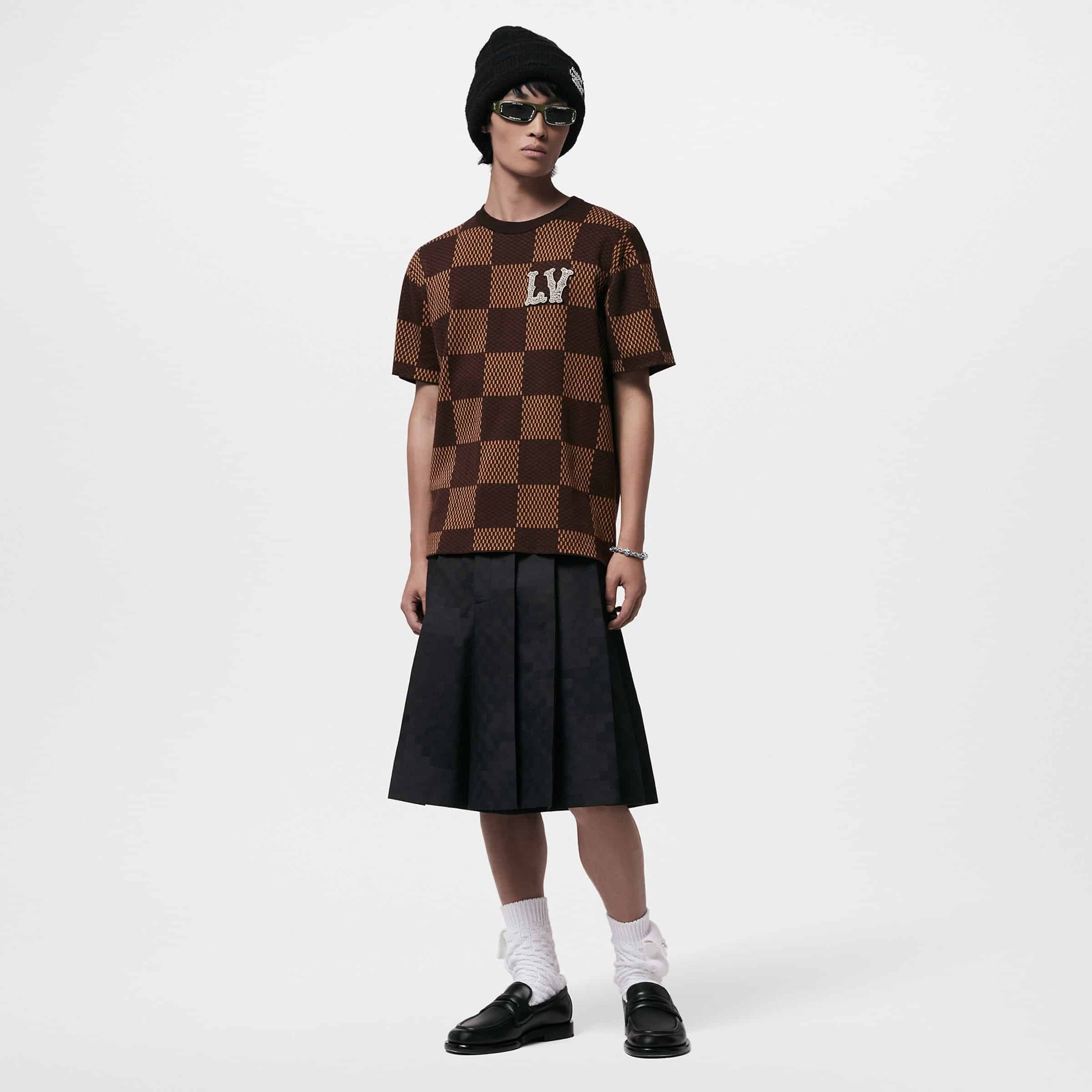 Short-Sleeved Cotton Damier Crewneck With Crystal LV Patch