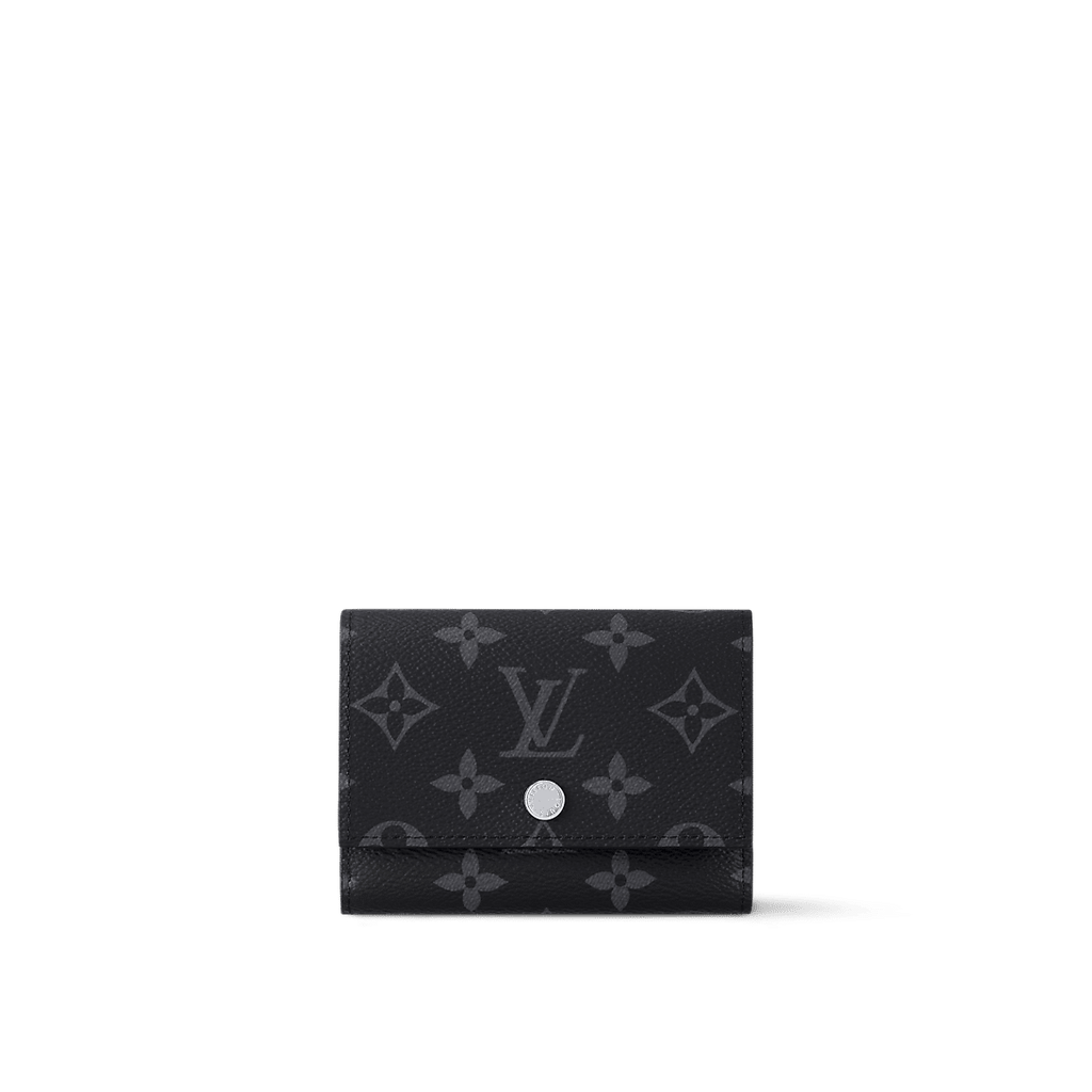 Louis Vuitton Victor Wallet in Monogram Eclipse canvas with a snap button closure, multiple card slots, and a zipped coin pocket.