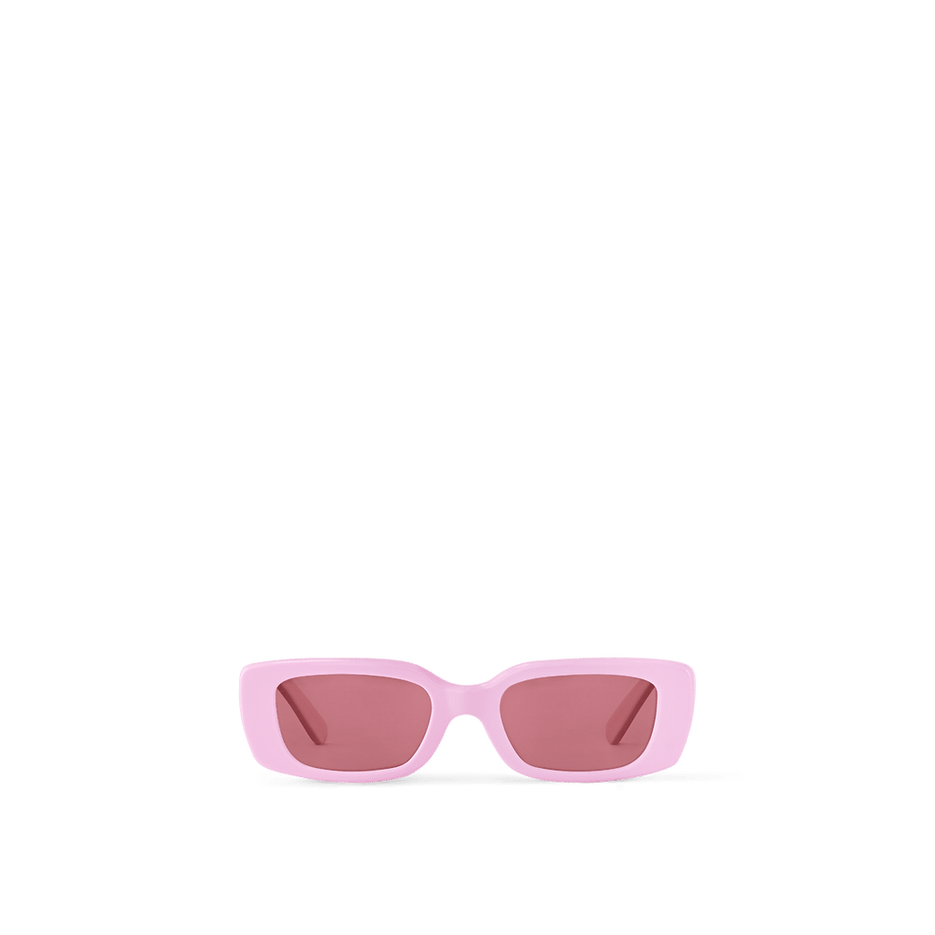 LV x Takashi Murakami Multigram sunglasses with a pink cat-eye frame, Monogram Multicolor acetate temples, golden brass hardware, and UV-protective pink lenses.