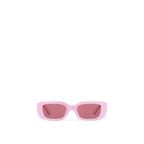 LV x Takashi Murakami Multigram sunglasses with a pink cat-eye frame, Monogram Multicolor acetate temples, golden brass hardware, and UV-protective pink lenses.