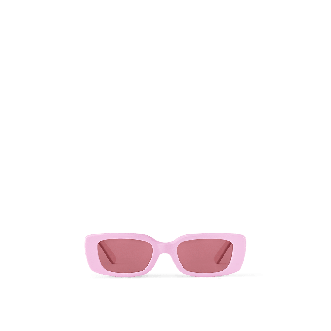 LV x Takashi Murakami Multigram sunglasses with a pink cat-eye frame, Monogram Multicolor acetate temples, golden brass hardware, and UV-protective pink lenses.