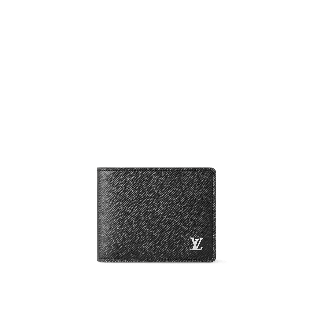 The Louis Vuitton Multiple Wallet in black Taiga leather features a sleek design with silver-tone LV Initials, multiple card slots, bill compartments, and a compact structure for everyday sophistication.