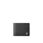 The Louis Vuitton Multiple Wallet in black Taiga leather features a sleek design with silver-tone LV Initials, multiple card slots, bill compartments, and a compact structure for everyday sophistication.