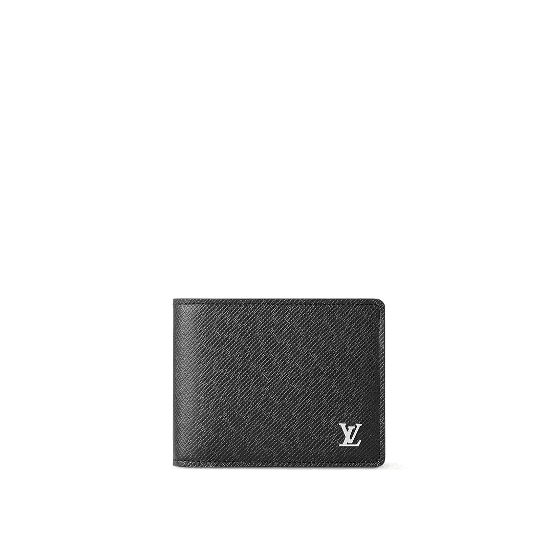 The Louis Vuitton Multiple Wallet in black Taiga leather features a sleek design with silver-tone LV Initials, multiple card slots, bill compartments, and a compact structure for everyday sophistication.