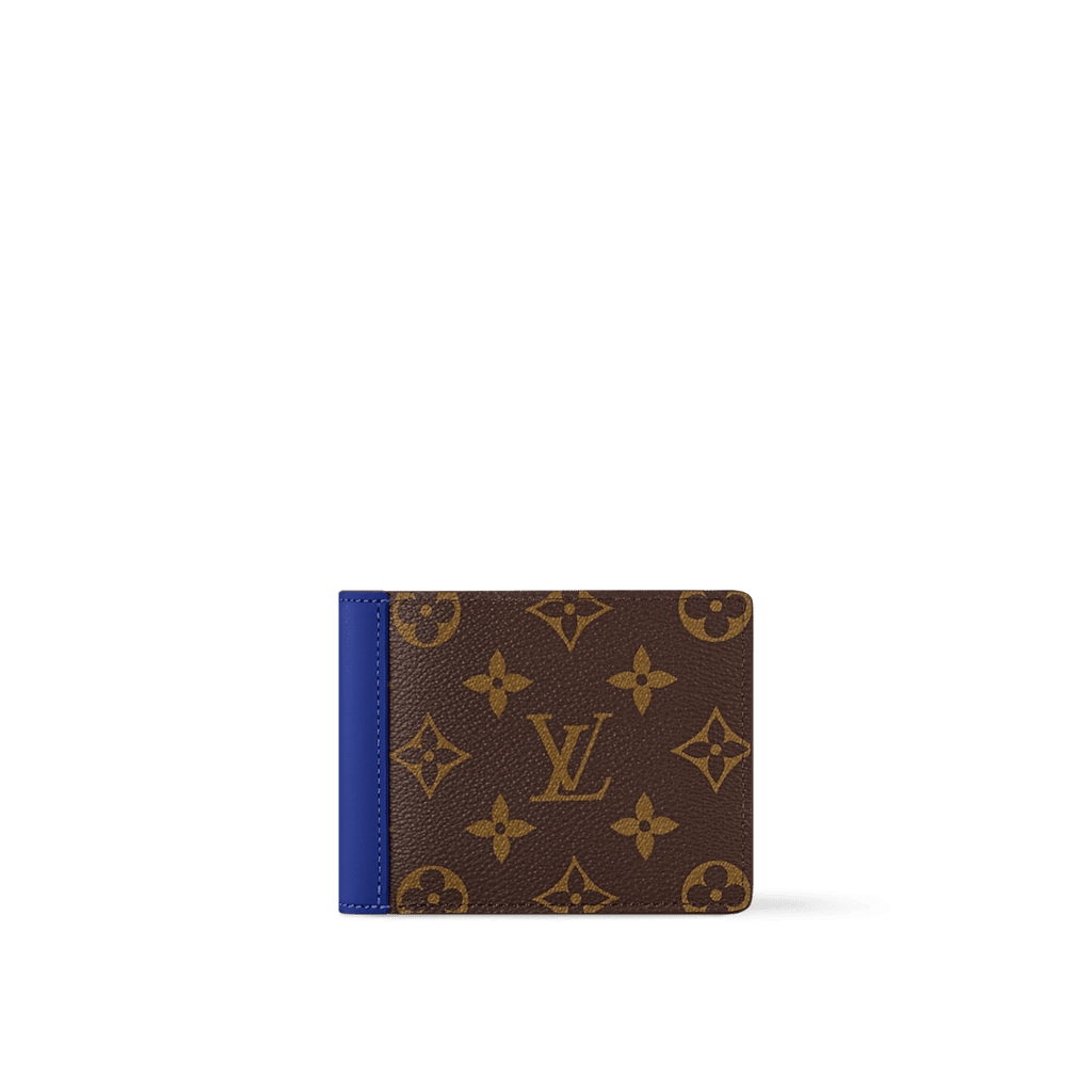 Louis Vuitton Multiple Wallet in Monogram Macassar with indigo blue cowhide-leather trim, eight card slots, and a bill compartment.