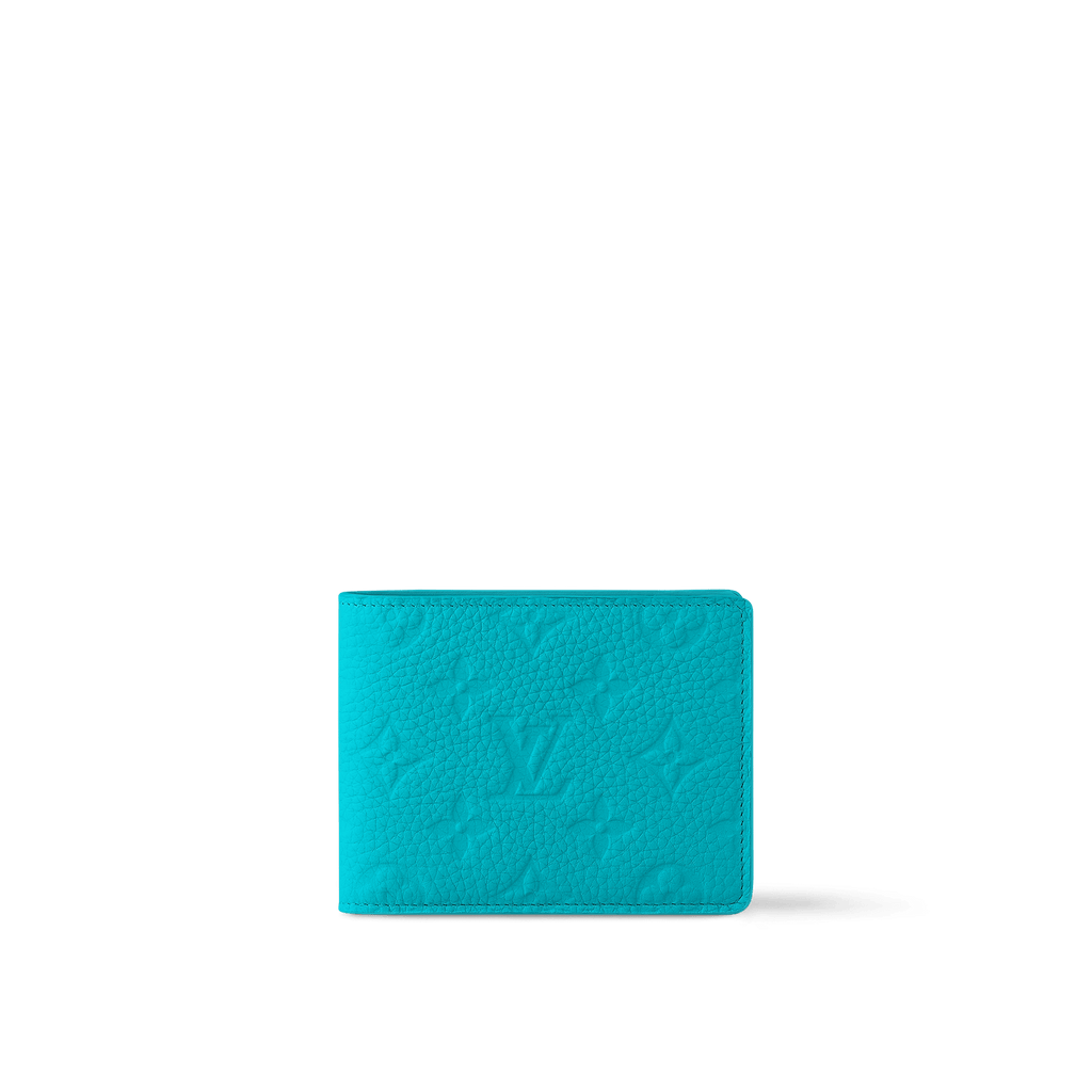 Louis Vuitton Multiple Wallet in Turquoise Taurillon Monogram leather with embossed Monogram detailing, a compact design, and multiple compartments for everyday essentials.