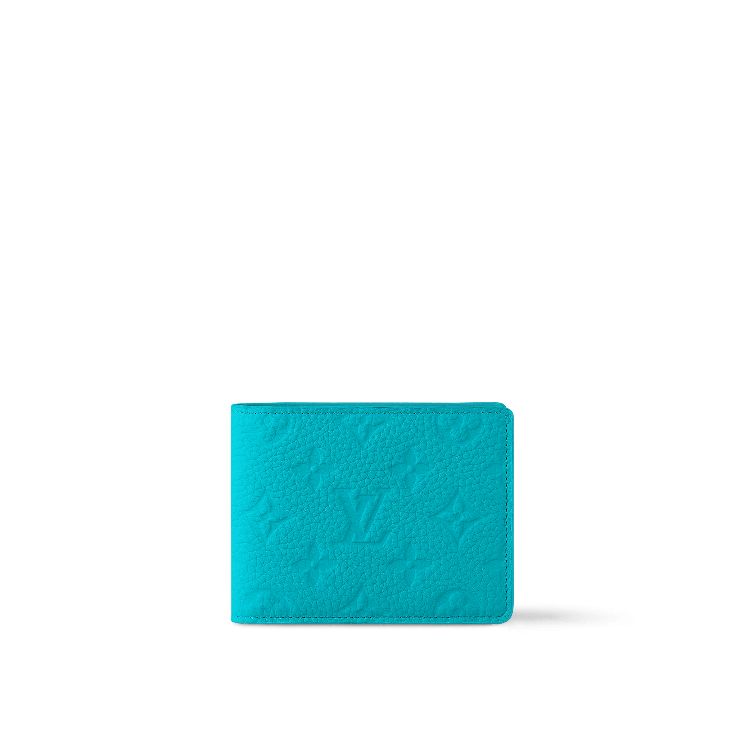 Louis Vuitton Multiple Wallet in Turquoise Taurillon Monogram leather with embossed Monogram detailing, a compact design, and multiple compartments for everyday essentials.