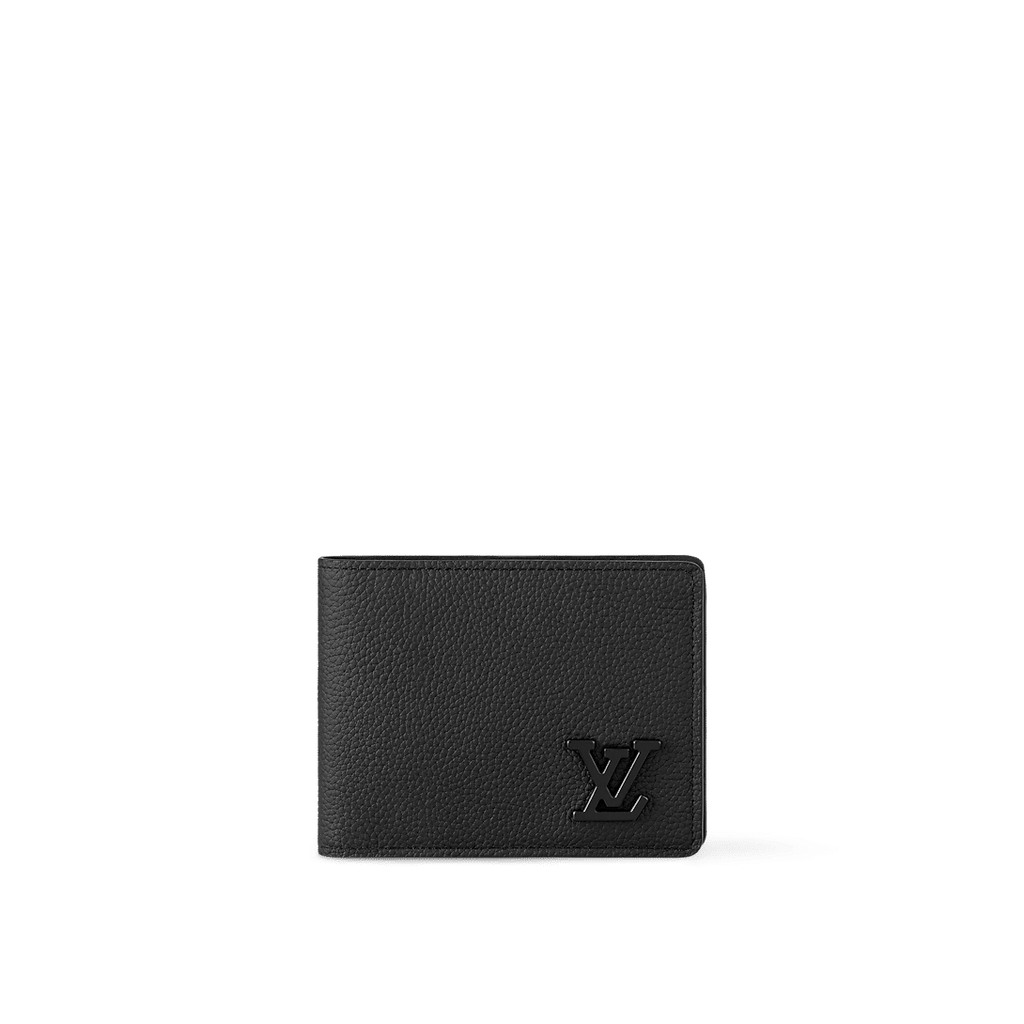 Louis Vuitton Multiple Wallet LV Aerogram in black grained calf leather with black metal LV initials and multiple compartments.
