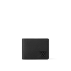Louis Vuitton Multiple Wallet LV Aerogram in black grained calf leather with black metal LV initials and multiple compartments.