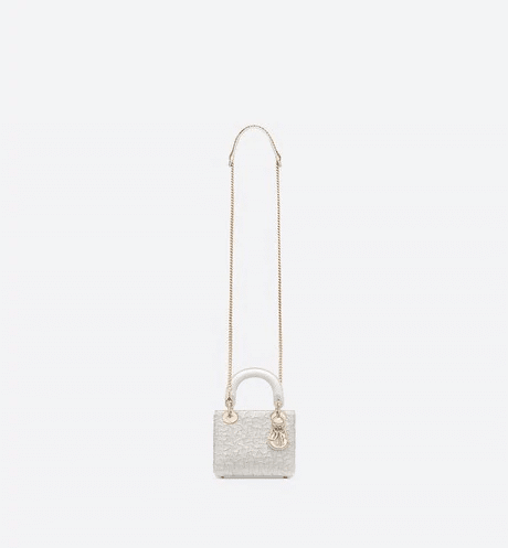Christian Dior Mini Chalk White Lady Dior Wavy Shiny Crinkled Lambskin Bag
