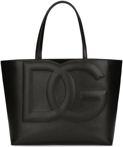 Black Dolce & Gabbana embossed-logo leather tote bag with long handles and open-top design.