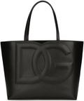Black Dolce & Gabbana embossed-logo leather tote bag with long handles and open-top design.